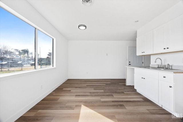 kitchen with white cabinetry, sink, and hardwood / wood-style floors