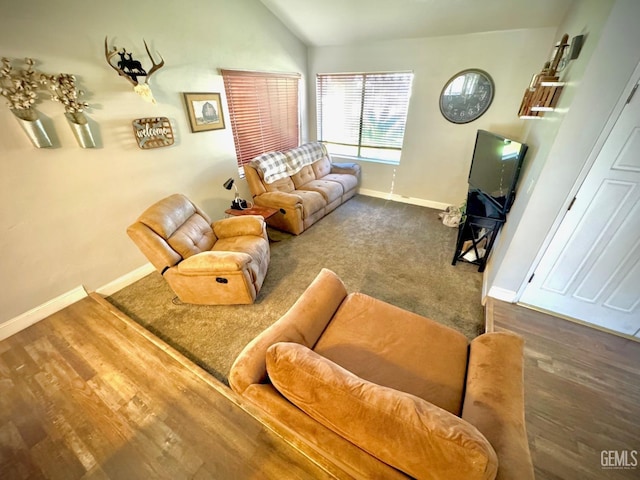 living room featuring lofted ceiling, baseboards, and dark wood-type flooring