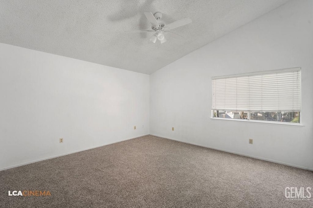 carpeted spare room with ceiling fan, vaulted ceiling, and a textured ceiling