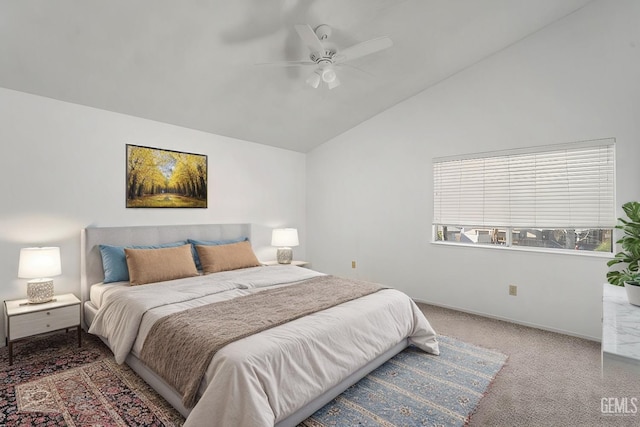 bedroom featuring lofted ceiling, ceiling fan, baseboards, and carpet flooring