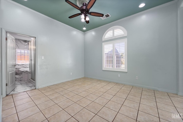 200 Justin Ct, Shafter, CA 93263 - unfurnished room with plenty of natural light, ornamental molding, a ceiling fan, and light tile patterned floors