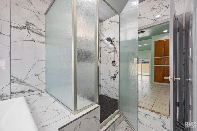 200 Justin Ct, Shafter, CA 93263 - bathroom featuring marble tiled flooring, a marble finish shower, and a tub to relax in