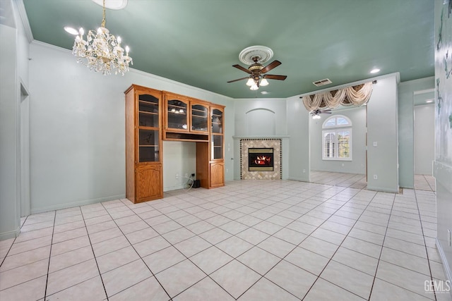 200 Justin Ct, Shafter, CA 93263 - unfurnished living room with a ceiling fan, a fireplace, a chandelier, light tile patterned floors, and crown molding