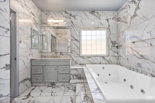 200 Justin Ct, Shafter, CA 93263 - bathroom with vanity, a jetted tub, and marble tiled floors