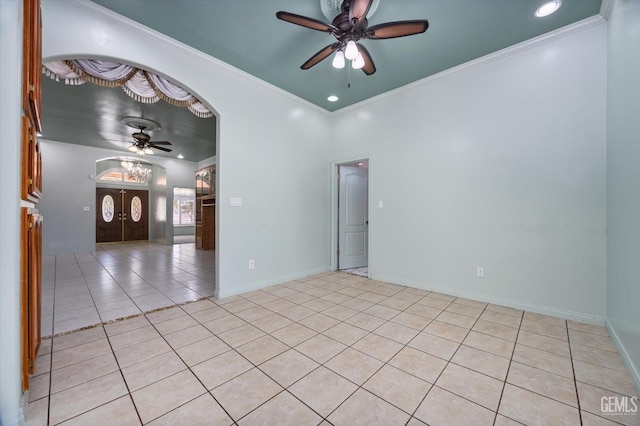 200 Justin Ct, Shafter, CA 93263 - spare room featuring a ceiling fan, light tile patterned floors, arched walkways, ornamental molding, and recessed lighting