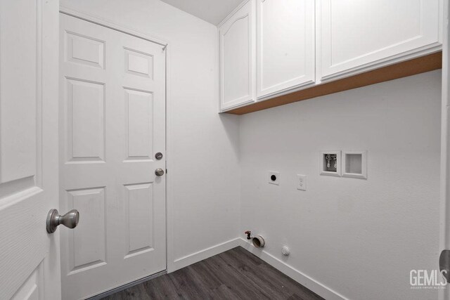 313 Mission St, Mc Farland, CA 93250 - laundry area featuring baseboards, dark wood finished floors, cabinet space, electric dryer hookup, and hookup for a washing machine