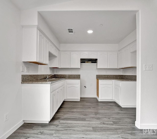 313 Mission St, Mc Farland, CA 93250 - kitchen with under cabinet range hood, white cabinets, baseboards, wood finished floors, and recessed lighting