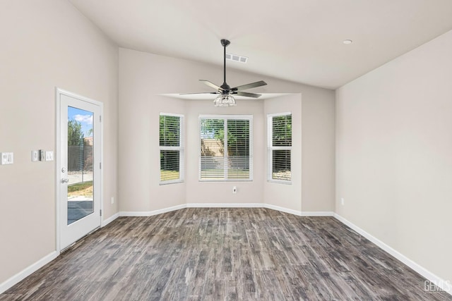 15020 Cotton Blossom Ave, Bakersfield, CA 93314 - unfurnished room with vaulted ceiling, wood finished floors, plenty of natural light, ceiling fan, and baseboards