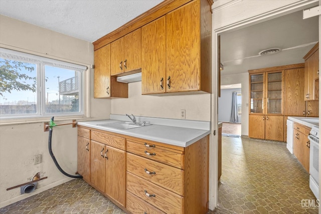 13754 Rosedale Hwy, Bakersfield, CA 93314 - kitchen with sink, a textured ceiling, and white range with electric stovetop