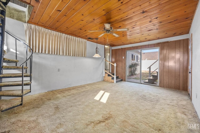 13754 Rosedale Hwy, Bakersfield, CA 93314 - interior space with ceiling fan, wood walls, carpet floors, and wooden ceiling