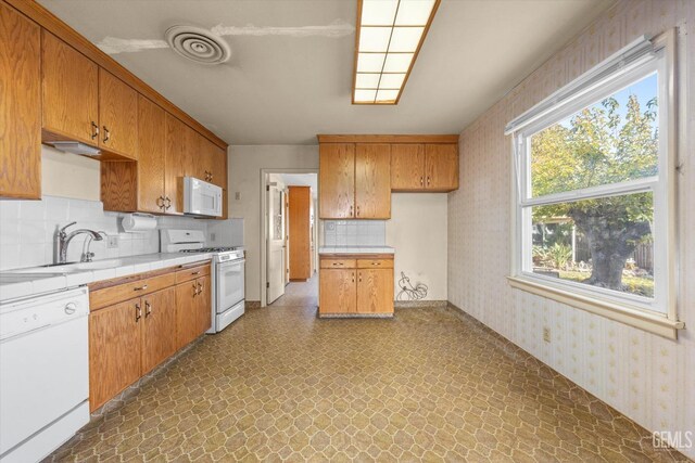 13754 Rosedale Hwy, Bakersfield, CA 93314 - kitchen featuring sink, white appliances, and decorative backsplash