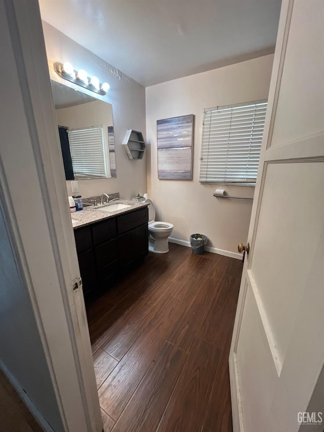 bathroom with vanity, wood-type flooring, and toilet