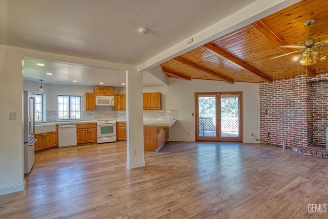 unfurnished living room with wooden ceiling, lofted ceiling with beams, light hardwood / wood-style flooring, ceiling fan, and brick wall