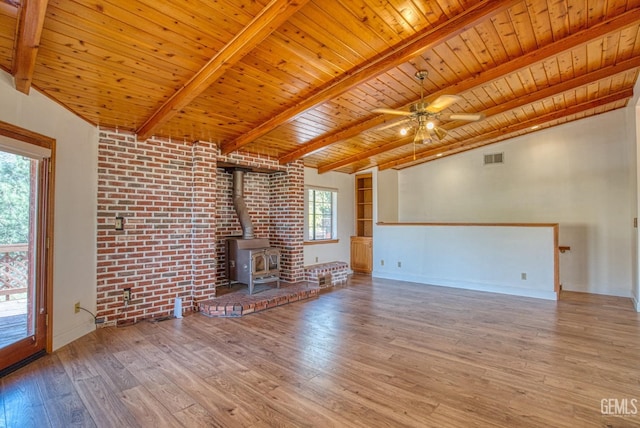 unfurnished living room with ceiling fan, lofted ceiling with beams, wooden ceiling, light hardwood / wood-style floors, and a wood stove