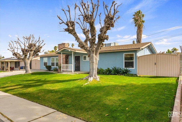 ranch-style home featuring covered porch, a chimney, a front lawn, and stucco siding