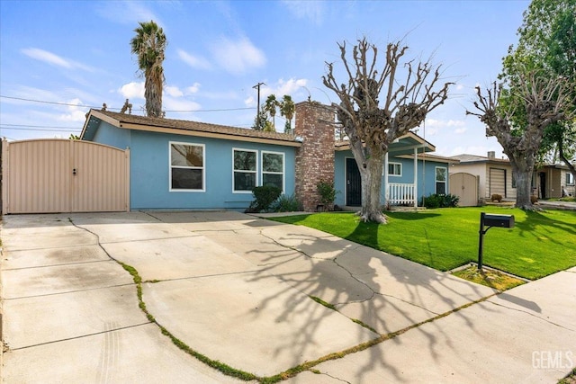 ranch-style house featuring a front lawn, a gate, and stucco siding