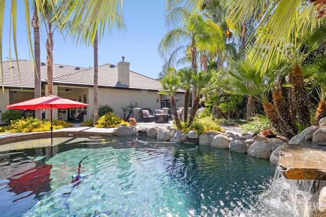 2801 Trengate Way, Bakersfield, CA 93311 - swimming pool featuring a ceiling fan and a patio