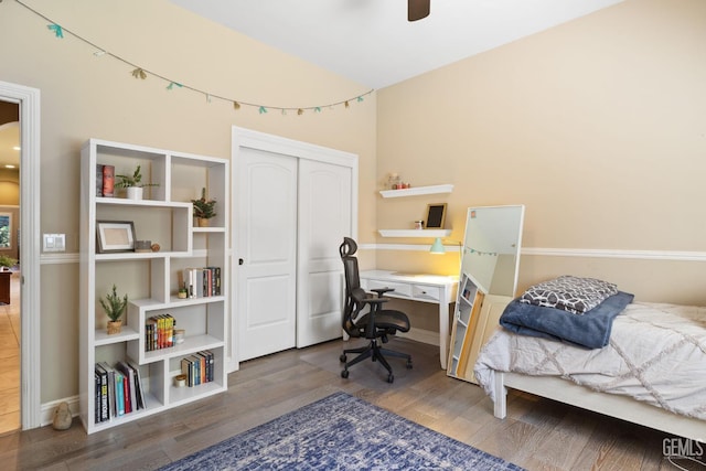 2801 Trengate Way, Bakersfield, CA 93311 - bedroom featuring wood finished floors, a closet, an office area, and ceiling fan