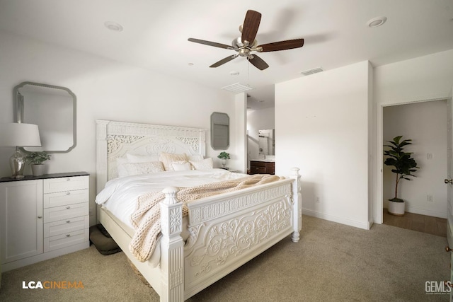 3312 Whispering Brook Ln, Shafter, CA 93263 - bedroom featuring light carpet, a ceiling fan, and ensuite bath