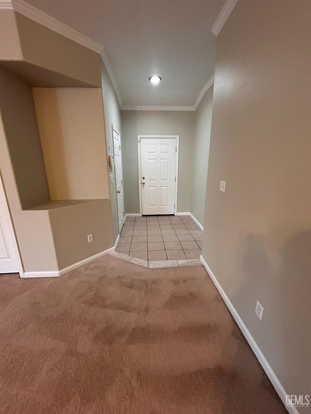 doorway to outside with light carpet and ornamental molding