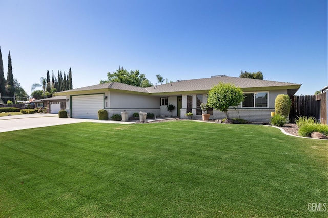 ranch-style house with driveway, an attached garage, and brick siding