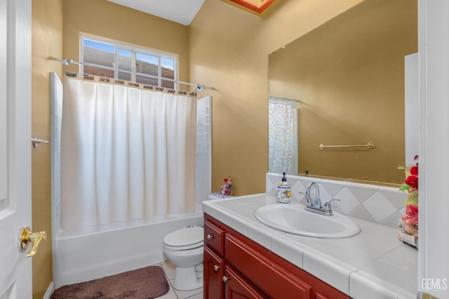 full bathroom featuring tile patterned flooring, shower / bath combination with curtain, toilet, decorative backsplash, and vanity