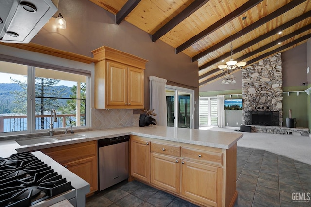 kitchen with kitchen peninsula, stainless steel dishwasher, wood ceiling, decorative light fixtures, and beamed ceiling