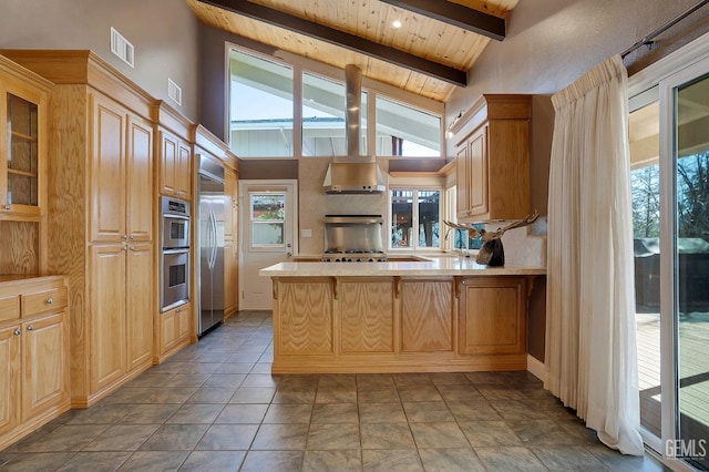 kitchen featuring kitchen peninsula, appliances with stainless steel finishes, high vaulted ceiling, and beamed ceiling