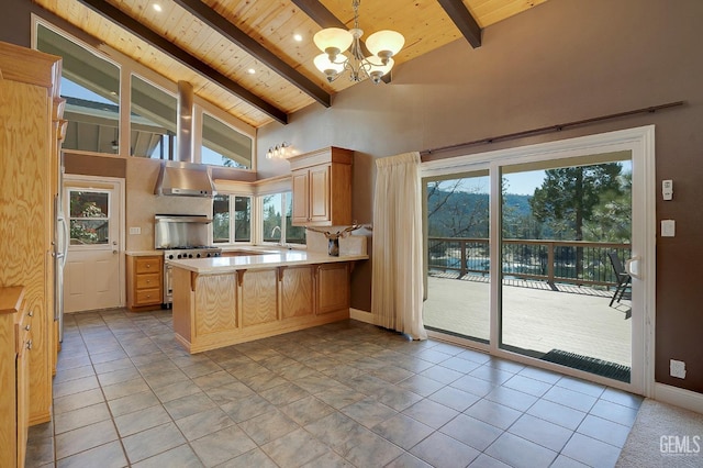 kitchen featuring wooden ceiling, high vaulted ceiling, hanging light fixtures, a notable chandelier, and kitchen peninsula