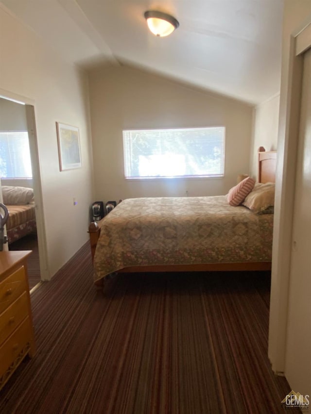 44212 Old Stage Rd, Posey, CA 93260 - bedroom with multiple windows, vaulted ceiling, and dark colored carpet