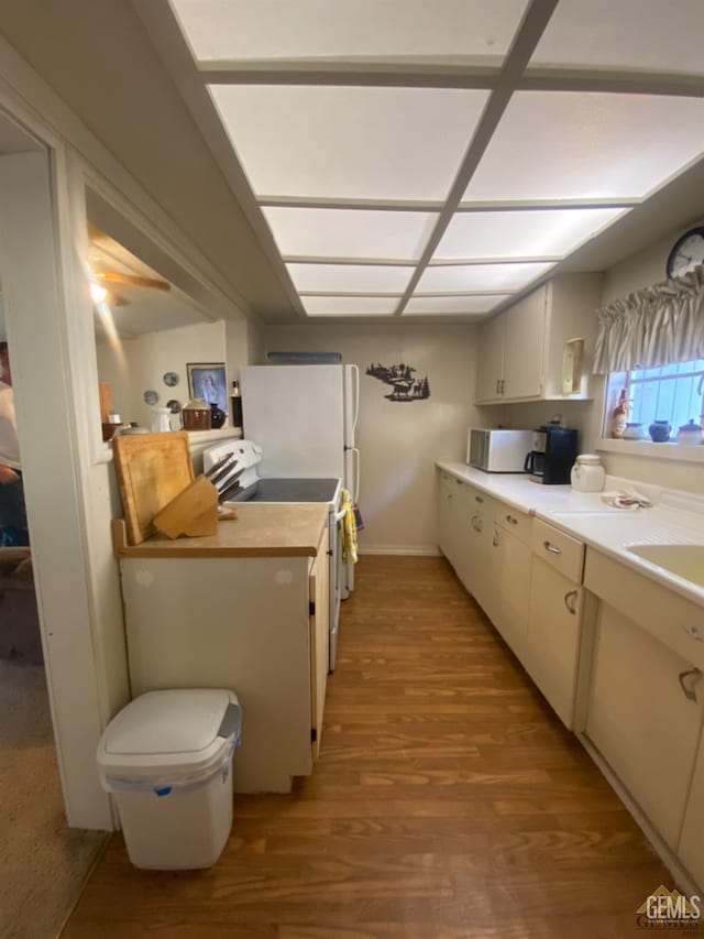 44212 Old Stage Rd, Posey, CA 93260 - kitchen featuring white appliances, light wood finished floors, light countertops, baseboards, and a sink