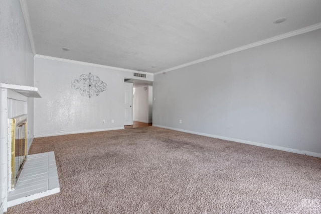 unfurnished living room featuring carpet flooring and ornamental molding