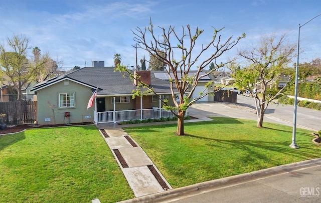 ranch-style house with stucco siding, a front lawn, and fence