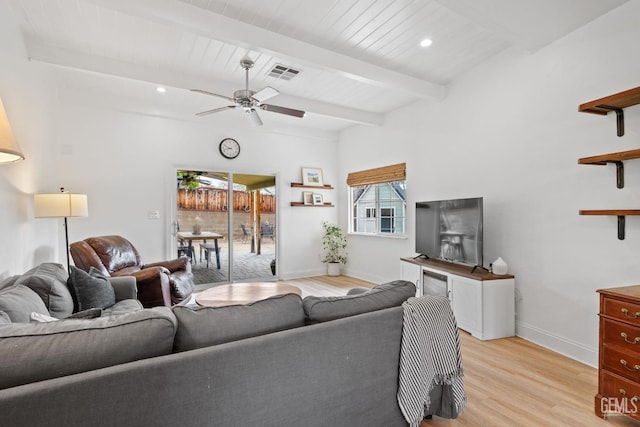 living room with beamed ceiling, visible vents, light wood-style flooring, and baseboards