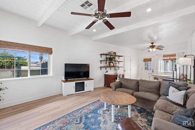 living room with beam ceiling, baseboards, light wood finished floors, and ceiling fan