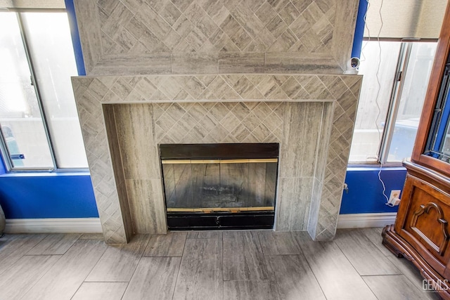 room details with baseboards and a tile fireplace