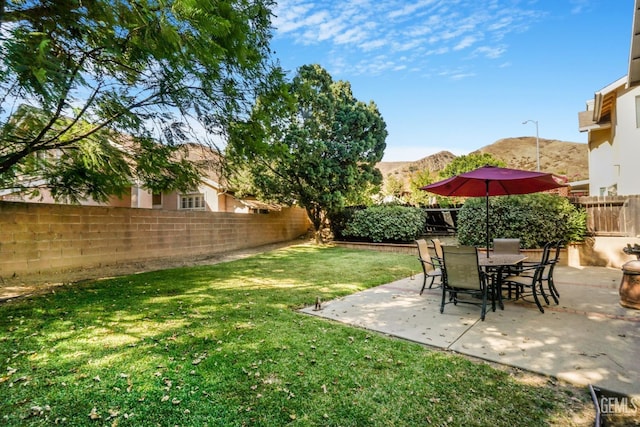 view of yard with a patio area, a mountain view, and a fenced backyard