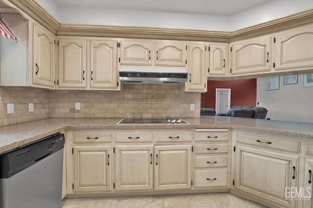 kitchen with tasteful backsplash, dishwasher, light tile patterned flooring, and black electric cooktop