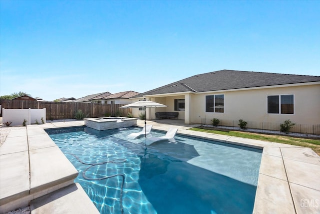 view of pool featuring a patio area, a fenced backyard, a fenced in pool, and an in ground hot tub