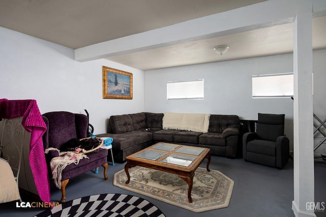 living room featuring beam ceiling