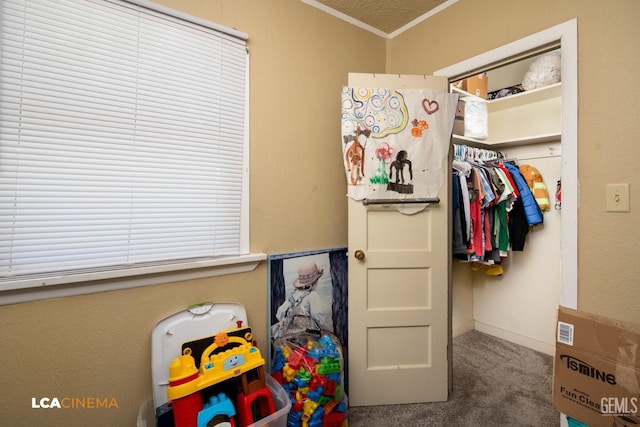 rec room featuring carpet floors and ornamental molding