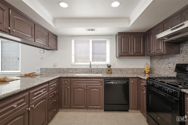 6008 Alderpointe St, Bakersfield, CA 93313 - kitchen featuring black appliances, a sink, a raised ceiling, under cabinet range hood, and dark brown cabinets