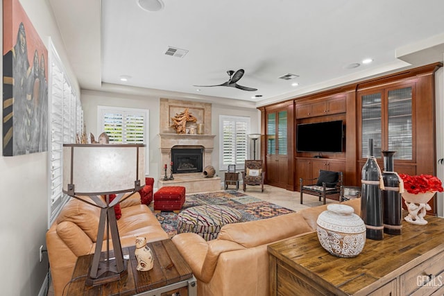 1904 Cricket Park Ct, Bakersfield, CA 93311 - living room with ceiling fan, plenty of natural light, a fireplace, and recessed lighting