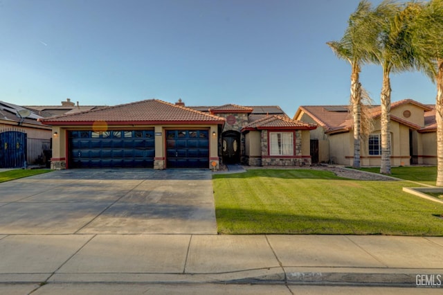 4716 Ambrister Dr, Bakersfield, CA 93313 - view of front facade featuring an attached garage, a tiled roof, stucco siding, a front lawn, and concrete driveway