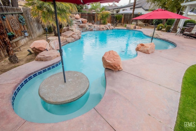 view of pool featuring a fenced in pool, a fenced backyard, and a patio area