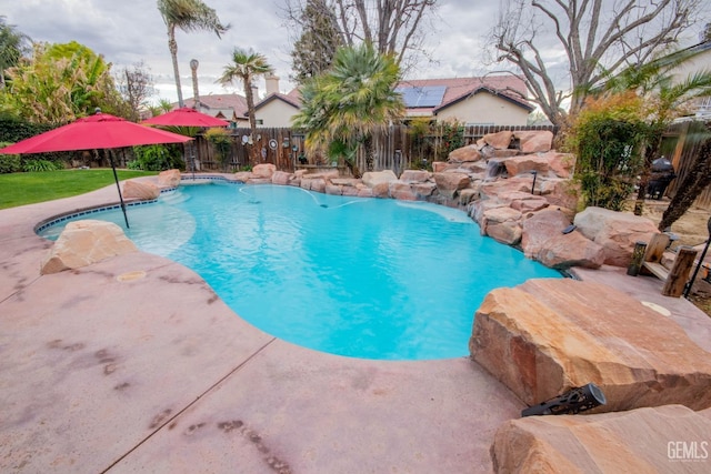 view of pool with a fenced in pool, a patio, and a fenced backyard