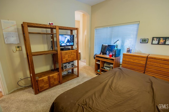 carpeted bedroom featuring baseboards and arched walkways