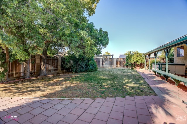 view of yard with a jacuzzi and a patio