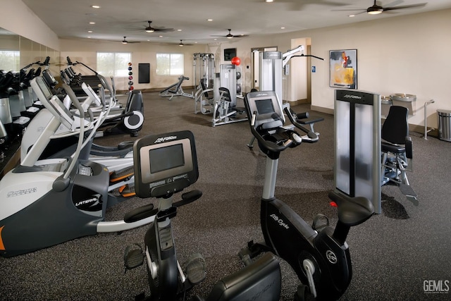 12706 Kinnick Ct, Bakersfield, CA 93311 - gym featuring a ceiling fan and recessed lighting