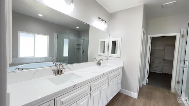 bathroom featuring double vanity, wood finished floors, a sink, and a shower stall